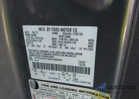 2013 Ford F-150 Xlt из США, поврежденный, VIN 1FTFW1ET5DFD40667